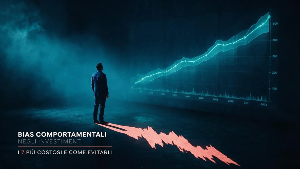 Bias comportamentali negli investimenti: i 7 più costosi e come evitarli – un investitore davanti a un grafico in crescita con un'ombra in perdita