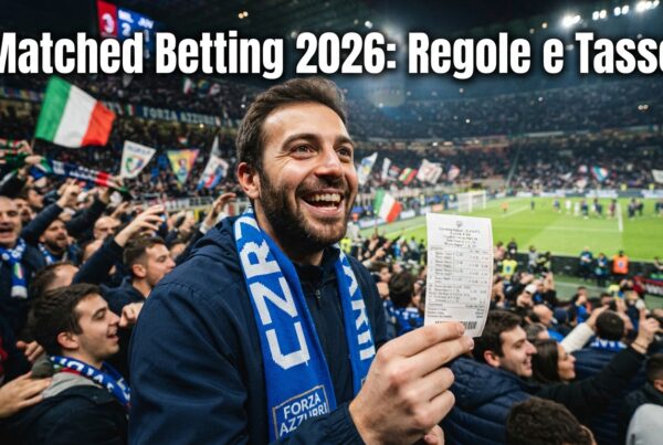 Tifoso allo stadio con una schedina in mano: matched betting legale, regole e tasse 2026