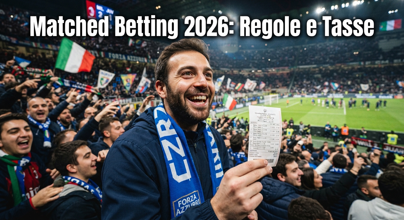 Tifoso allo stadio con una schedina in mano: matched betting legale, regole e tasse 2026
