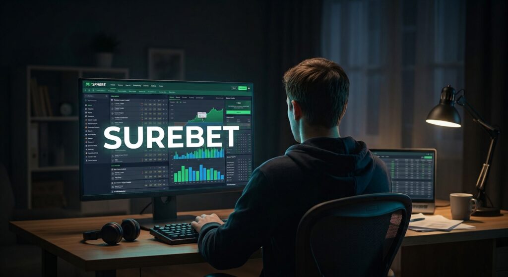 Persona di spalle davanti a un monitor con quote e grafici: surebet, cosa sono e come trovarle